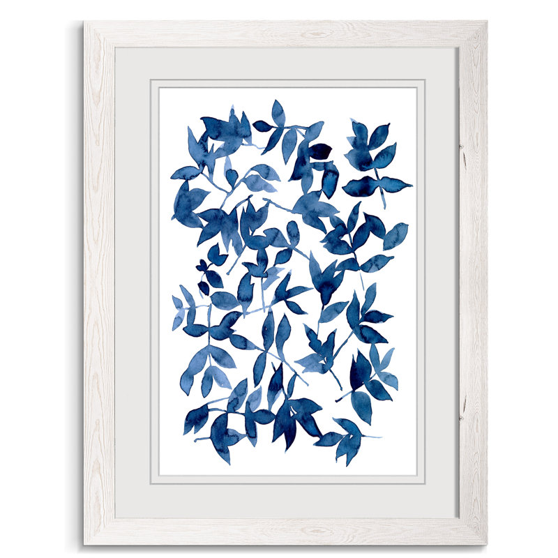 « indigo fallen leaves ii »-peinture sur papier encadrée, H 44 po x l 32 po x P 1,25 po, Cadre blanc