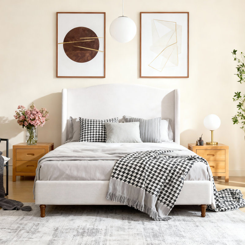 Upholstered Wingback Platform Bed With Solid Wood Legs,Chenille Fabric,No Box Spring Needed,King Size, King