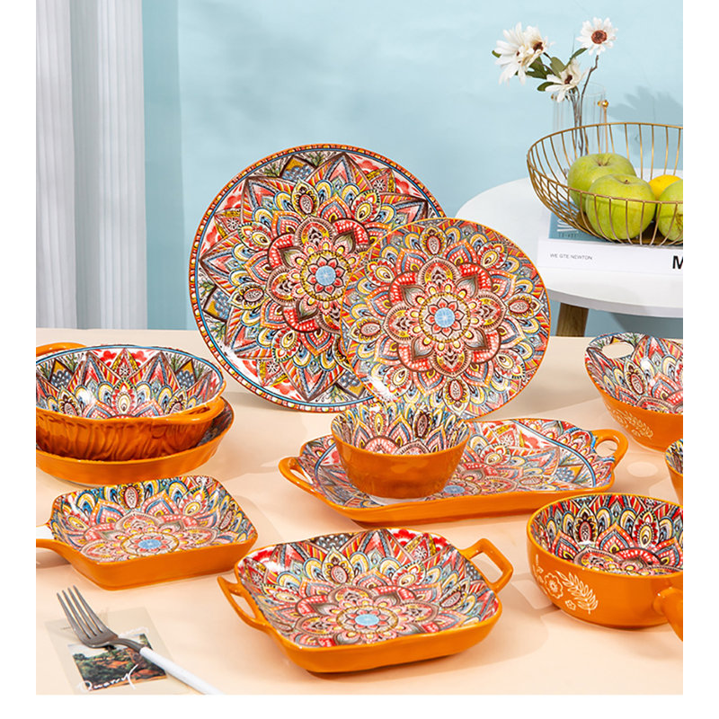 Martaja 12 Piece Ceramic Dinnerware Set - Service for 4, Blue/Red