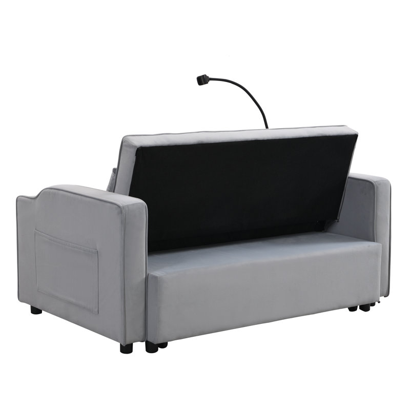 Canapé-lit convertible moderne avec lit gigogne, dossier inclinable, ports USB et rangement - causeuse 3-en-1 pour petits espaces
