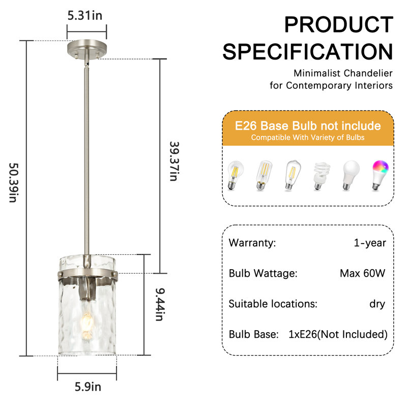 Levona 1 - Light 5.9" Kitchen Island Pendant with Clear Hammered Glass Shade, Nickel