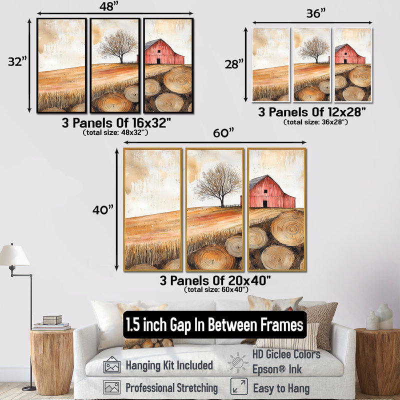 «Autumn Farm On A Wooden Slide Landscape III» - art mural grange - 3 panneaux, H 28 po x l 36 po, Noir