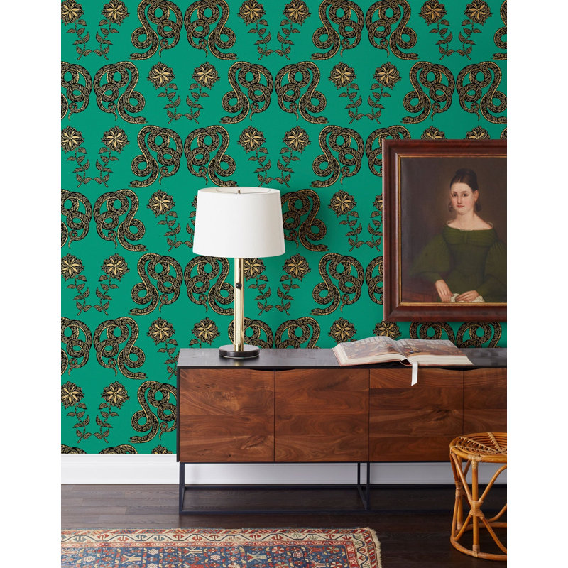 Serpentine Wallpaper | Traditional / Roll - 27" x 30', Emerald