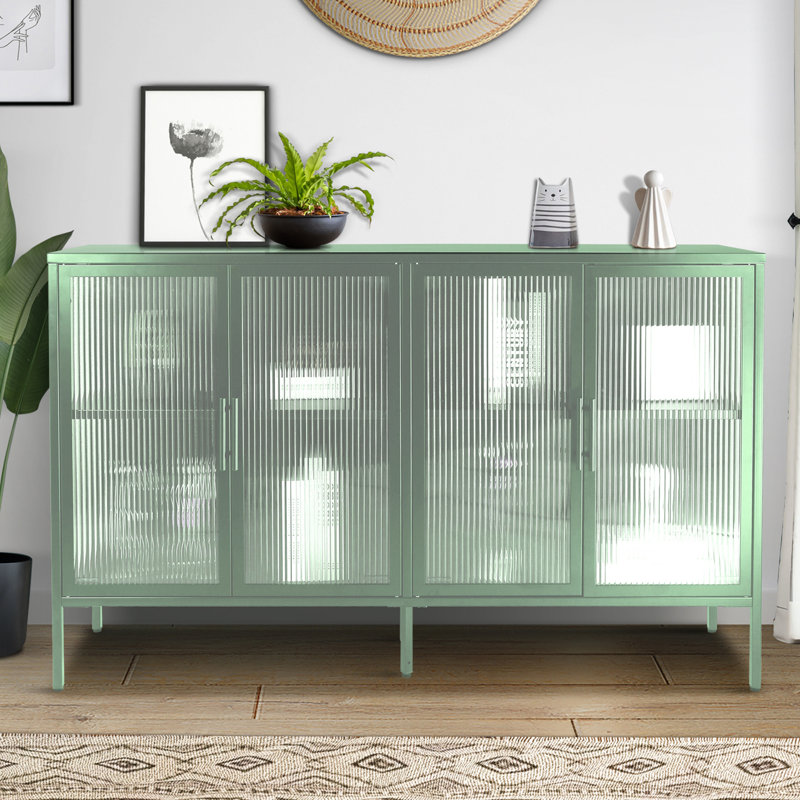 Buffet Imerio 59,17, table de buffet, armoire de salle à manger, crédence de bureau avec verre translucide, Vert menthe