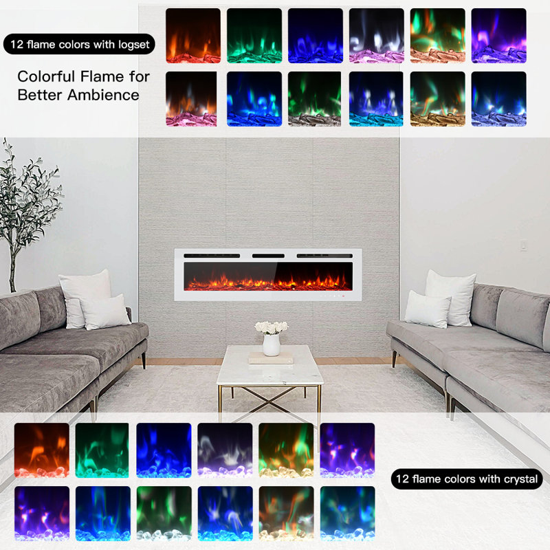 60" White 3-in-1 Electric Fireplace Heater, 12 Color Flame with Breathing Flame, White, 17" H x 60" W x 4" D