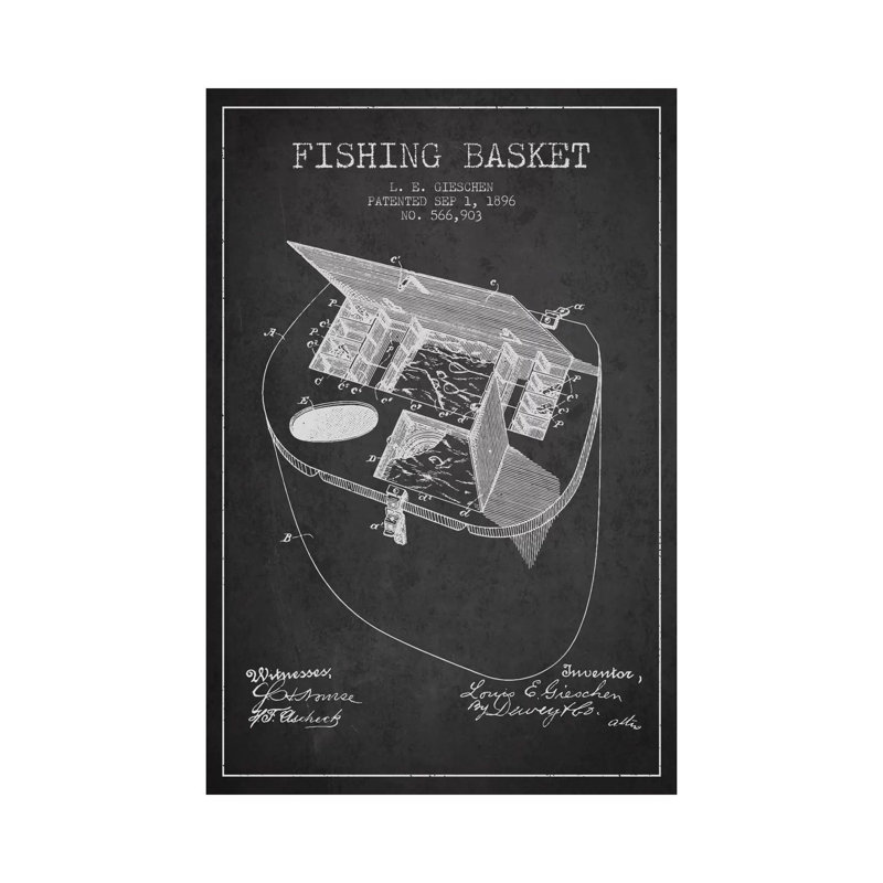 Fishing Basket Charcoal Patent Blueprint by Aged Pixel - Gallery-Wrapped Canvas Giclée on Canvas, Wrapped Canvas