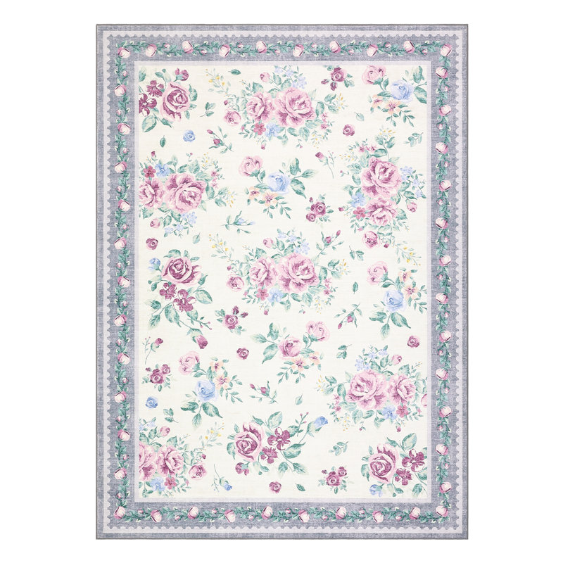 Ultra Thin Washable Green Floral Runner Rug - Rose Design, Non-Slip Low Pile Carpet for Hallway, Kitchen, Bedroom, Bathroom, Entryway - Easy to Clean, 5*7ft(152*213cm)