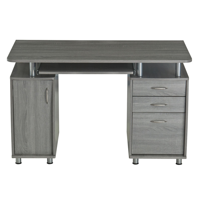 Grey Complete Workstation Computer Desk With Storage Cabinet, Drawers & Keyboard Tray