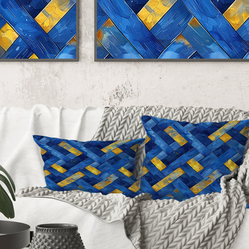 Coussin moderne bleu et jaune Basketweave II, H 16 po x l 16 po