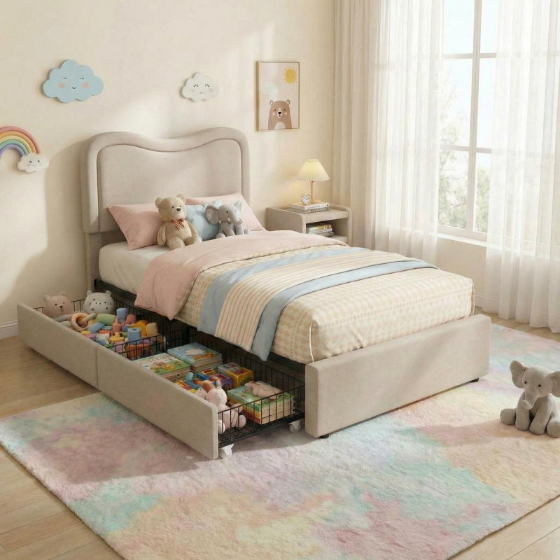 Boucle Full Bed Frame with 2 Storage Drawers, Upholstered Platform Bed with LED Headboard, Solid Wood Slats Support, No Box Spring Needed for Kids, Teens