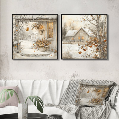 Hiver, Noël, vacances, chalet, retraite I - décoration murale de Noël - art mural traditionnel 2 pièces