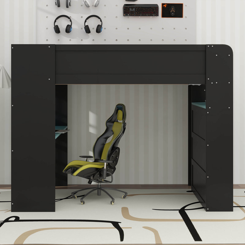 Lit superposé double en bois pleine grandeur avec bureau réglable, garde-robe, tiroirs, tablettes, port de chargement USB et éclairage à DEL RVB