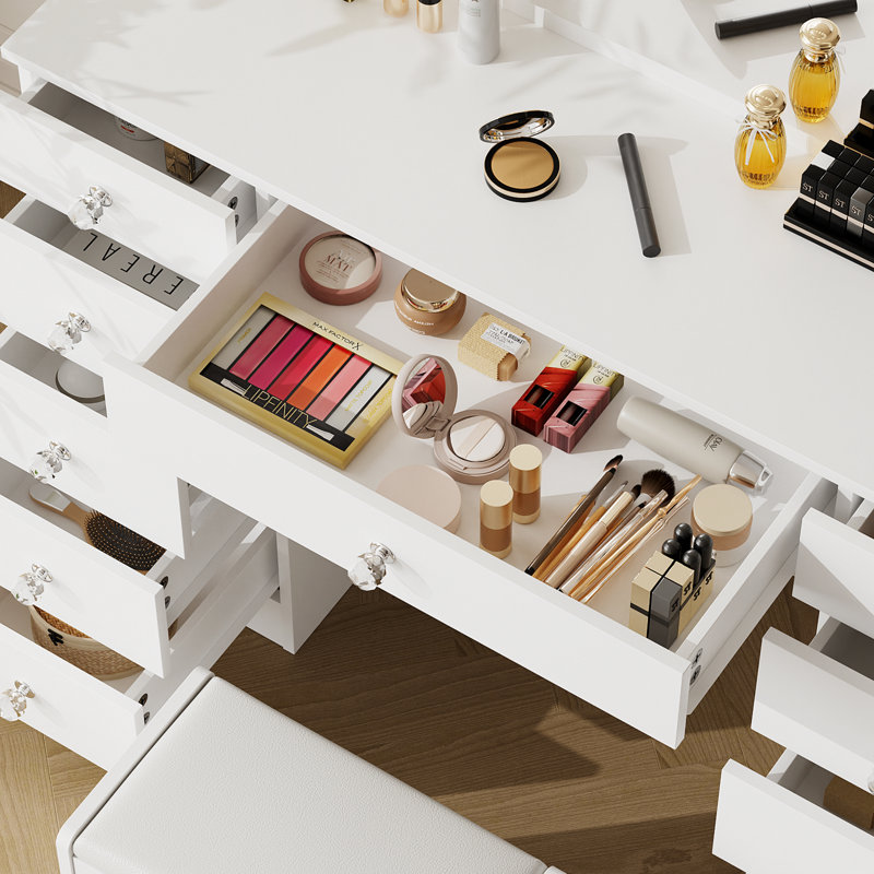 ​​Greyden Makeup Vanity Set with 11 Drawers and Outlets, Dresser with 10X Magnifying Mirror for Bedroom, White