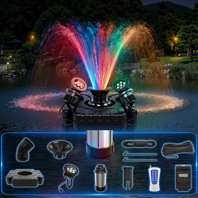 Aérateur de fontaine flottante pour étang avec 4 lumières à DEL changeantes de couleur, pompe de fontaine d'eau décorative d'extérieur pour jardin, étangs à poissons et koi ， 1HP 15000 GPH, 110V avec minuterie