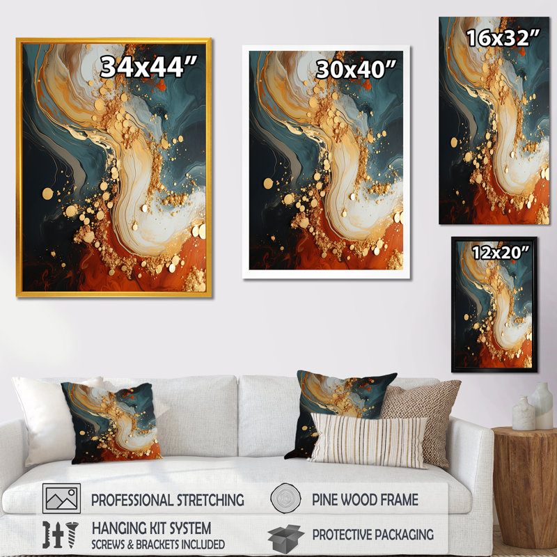 Tempête de pierre blanche, bleue et orange II abstraite, Encadrement doré, H 40 po x l 30 po x P 1,5 po