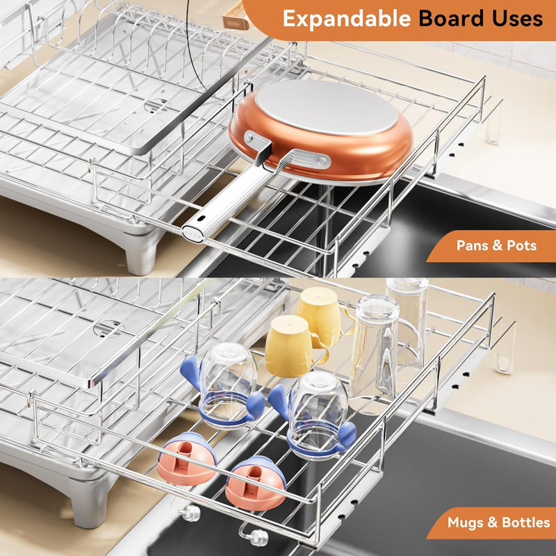 Égouttoir à vaisselle extensible en acier inoxydable avec porte-ustensiles pour comptoir de cuisine, Argent argent