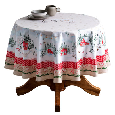 Maison d' Hermine Table Cloth Round Table 100% Cotton 63 Inches Fall Tablecloth Reusable Everyday Use for Thanksgiving Christmas Decorations Dining Farmhouse Party (Rural Christmas)