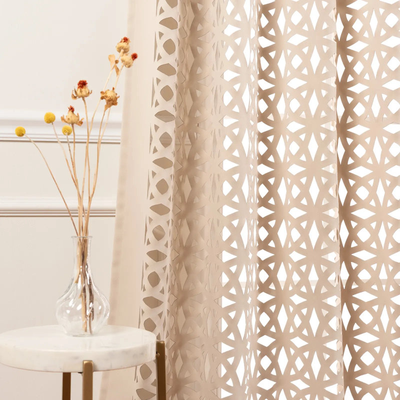 Aikeem Polyester Trellis Cutout Curtain Panel Pair, Beige