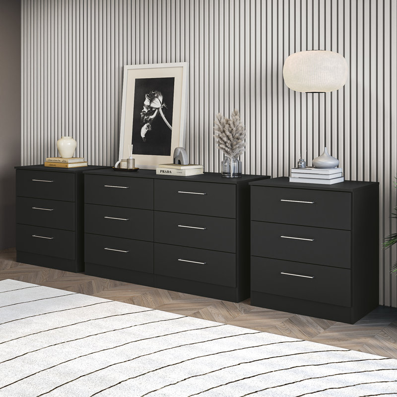 Ensemble de chambre à coucher moderne 3 pièces Montigny: commode à 6 tiroirs et deux commodes à 3 tiroirs, Noir