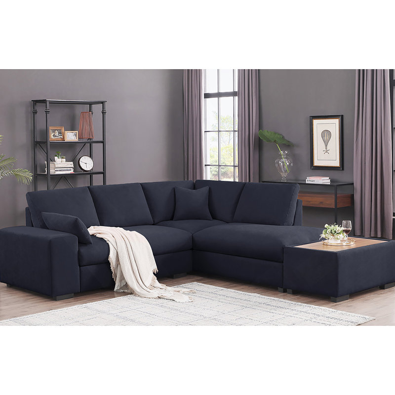 Canapé modulaire 100 pouces en tissu tissé avec méridienne orientée à droite et repose-pieds à console intégrée pour les espaces de vie modernes.