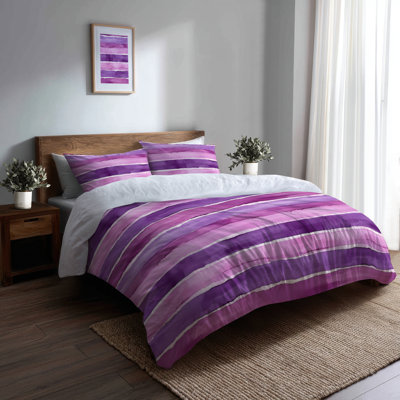 Striped Bedding Set Of 3 - French Country Purple And White Lavender Stripes Duvet Cover And Throw Pillow Set