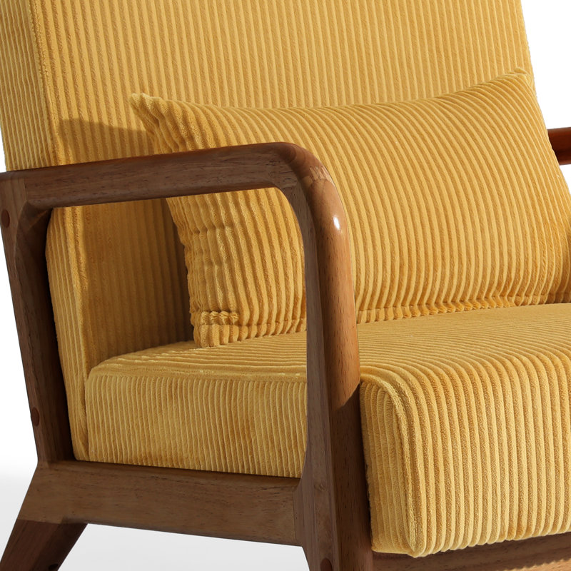 Jyrin Mid Century Upholstered Orange Corduroy Solid Wood Accent Chair with an Extra Pillow, Dark Brown Wood, Orange, 2
