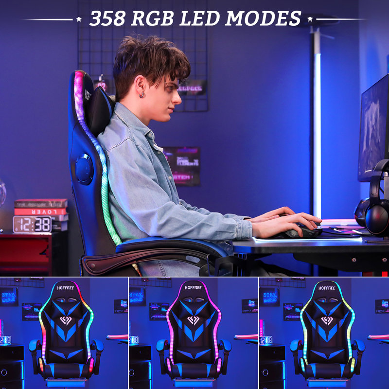 Hoffree Massage Ergonomic Gaming Chair with Bluetooth Speakers and RGB LED Lights, Blue/Black