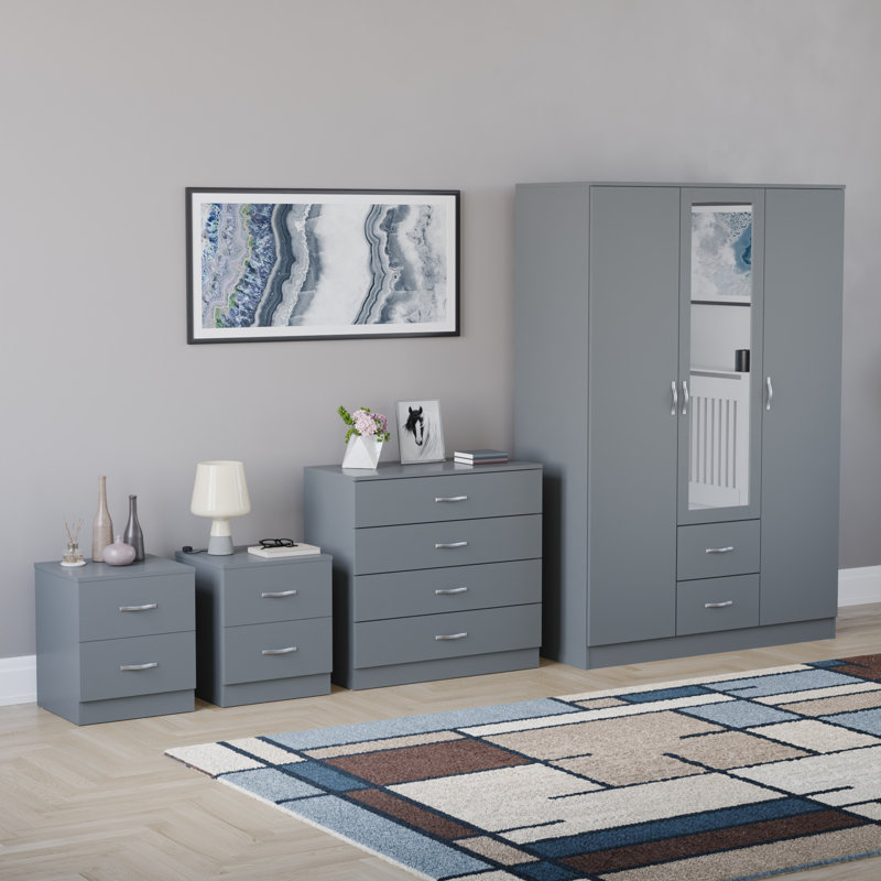 Tayce 4 Piece Bedroom Set (2 Drawer Bedside Chest, 4 Drawer Chest, 3 Door 2 Drawer Mirrored Wardrobe), Grey