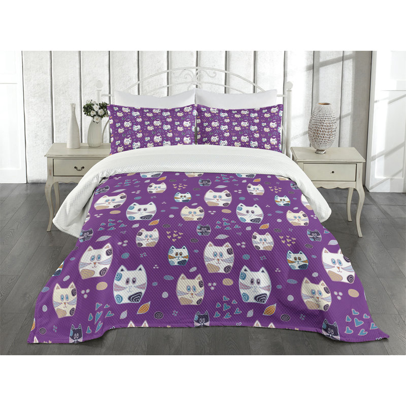 Ambesonne Cat Bedspread Set Doodle Cartoon Kittens Multicolor, King Bedspread + 2 Standard Shams