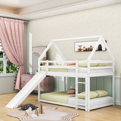 Wood Twin Over Twin House-Shaped Bunk Bed With Slide,  Ladder And Guardrails, Reversible Design