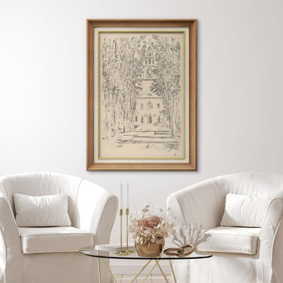 Sketch Church French Country Nature Landscape Illustrations Rustic Farmhouse Framed Print Wall Art
