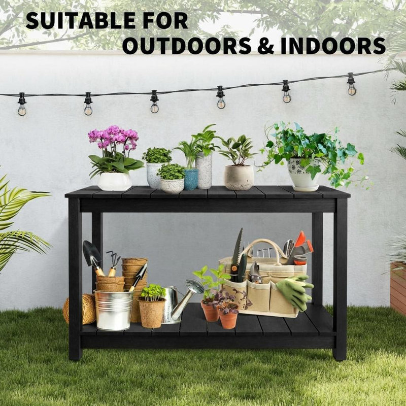 48" Outdoor Console Table with 2 Shelves, Weather-Resistant Patio Buffet and Entryway Table with Adjustable Feet, Black