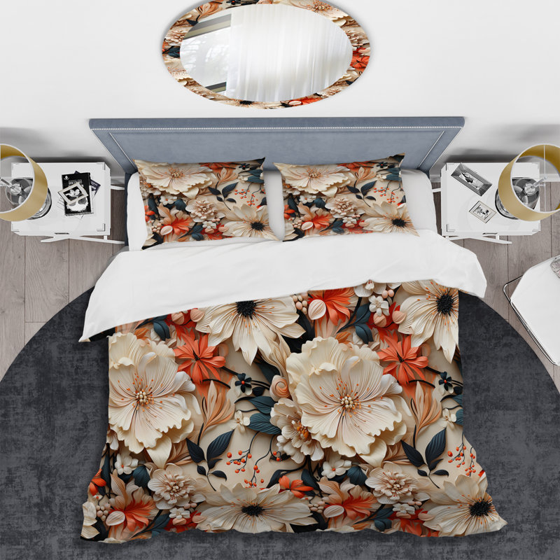 Literie rouge et beige à motif de chrysanthèmes I, Housse de couette simple + 1 taie décorative stan
