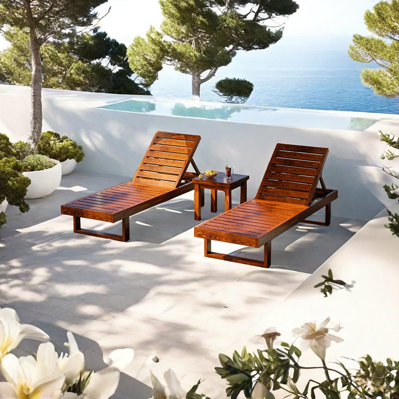Solid Wood Outdoor Lounge Chair Outdoor Wood Chaise Lounge Set with Table