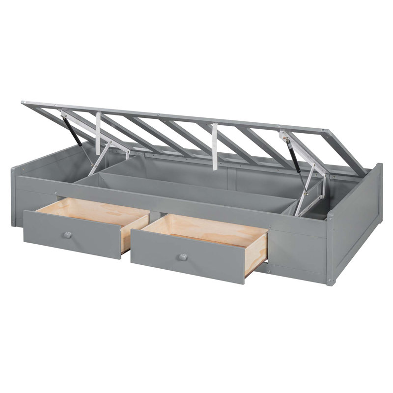 Lit superposé simple avec tiroirs, garde-robe, tablettes de rangement et lit hydraulique, gris