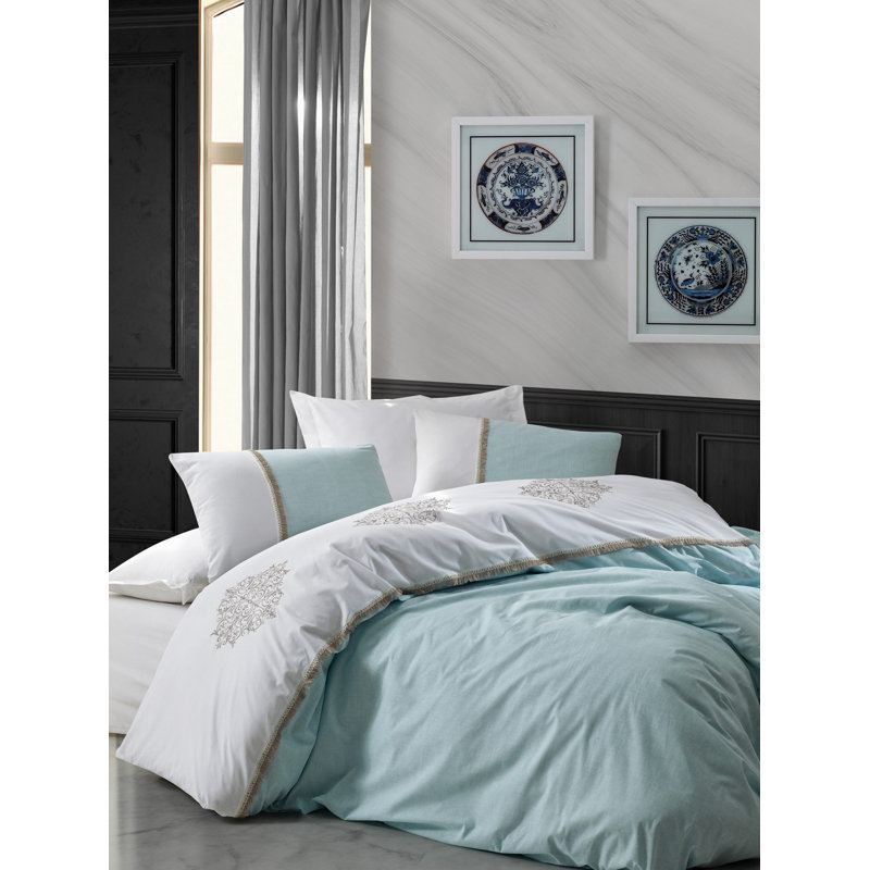 Ensemble de housse de couette 100% coton 6 pièces Soule, Bleu clair / blanc
