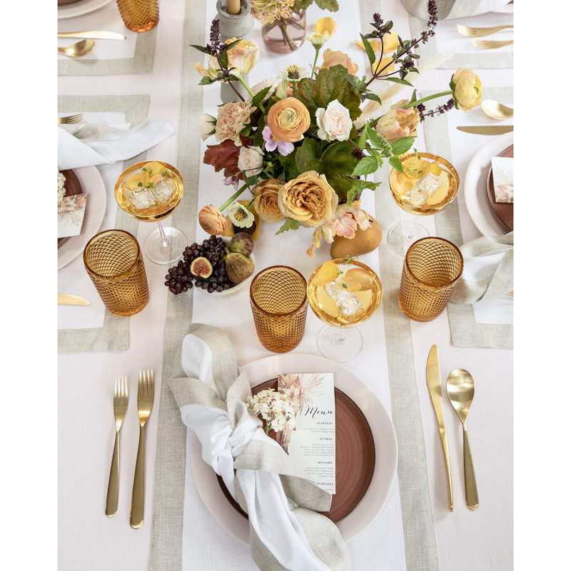 White Linen Table Runner with Natural Shimmer Border, 14 x 72 Inch