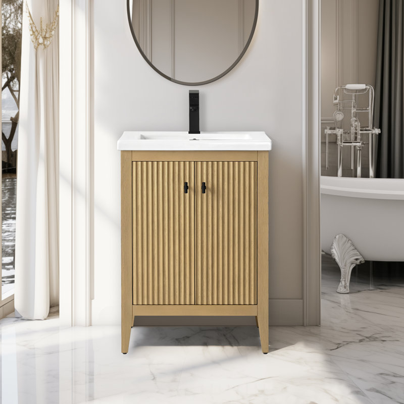 Laval 24" Single Sink Freestanding Bathroom Vanity with White Ceramic Top, Linear Natural Oak, Matte Black, 24"