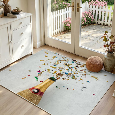 Tapis intérieur doré lavable à la machine, en forme de bouteille de champagne, avec tapis de sol assorti.