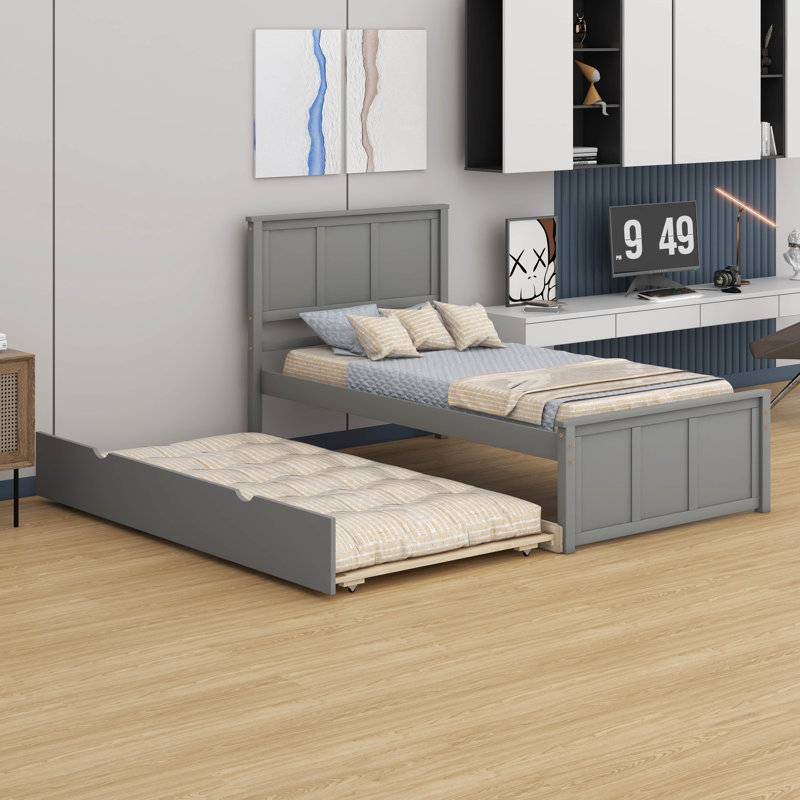 Cadre de lit simple avec lit gigogne, cadre de lit en bois avec lit gigogne coulissant, Gris