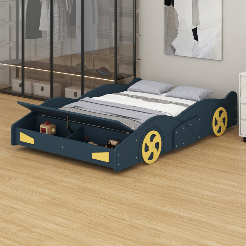 Lit plateforme avec roulettes et rangement Race, Lit double, Bleu foncé / Jaune
