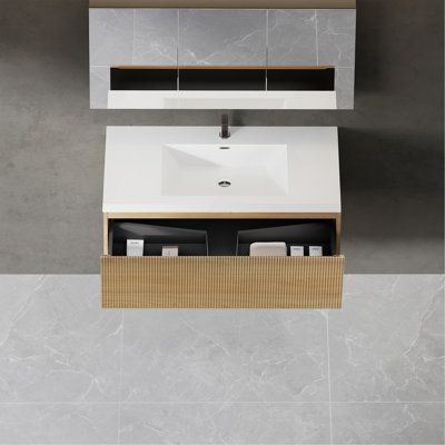 Meuble-lavabo flottant 42 po avec lavabo, meuble de rangement mural rayé avec tiroir à fermeture en douceur et lavabo blanc brillant, entièrement assemblé