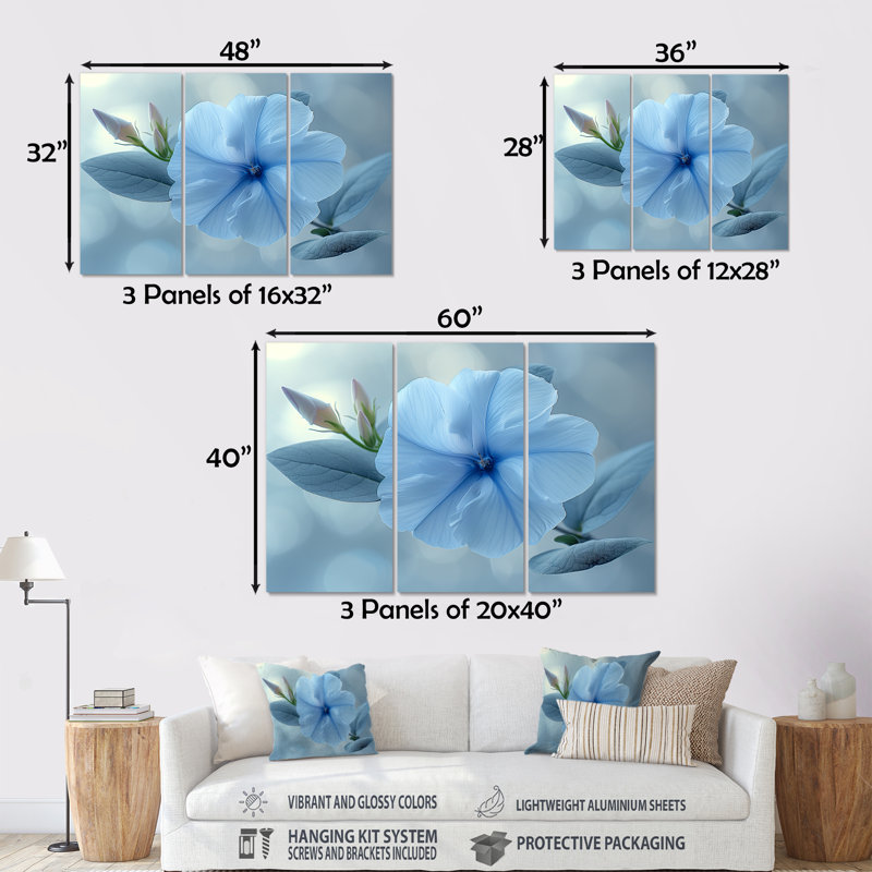 «Blue Crystal Morning Glory Flowers Photo III», ensemble de décorations murales, H 40 po x l 60 po x P 1 po