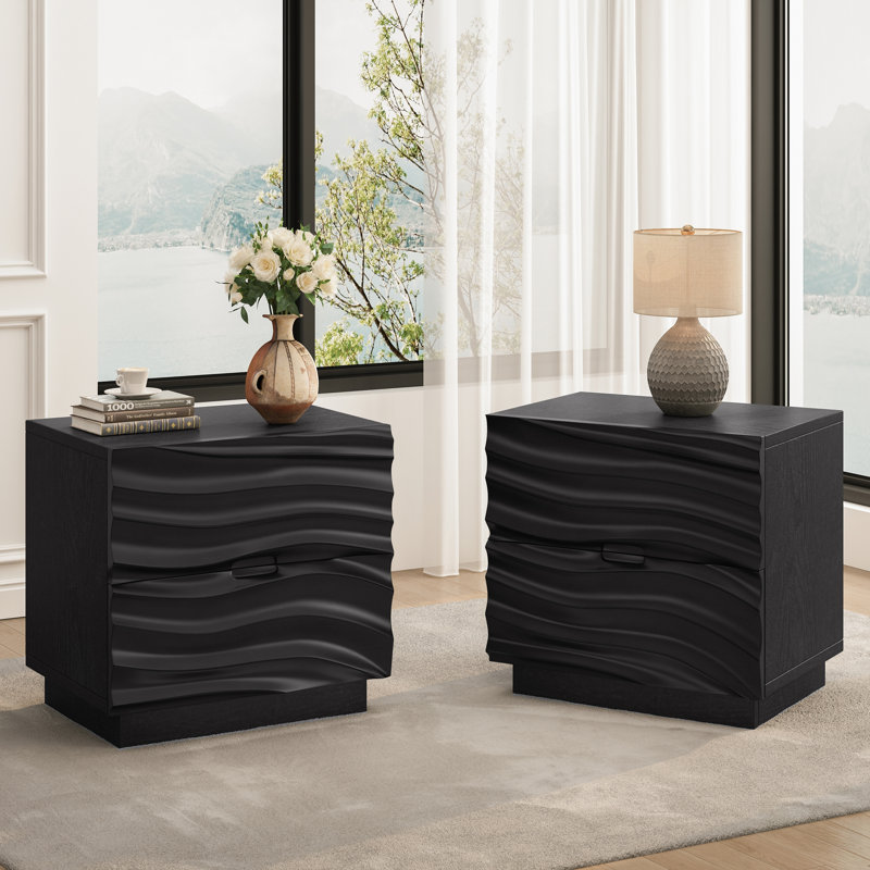 Solid Wood Nightstands, Bedside Table With 2 Drawers, No Handles, Sofa End Table For Living Room, Bedrooms, Set of 2, Black