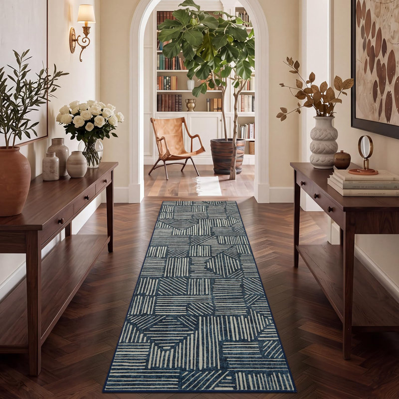 Tapis géométrique abstrait moderne lavable à la machine, tapis doux antidérapant à poils courts, Bleu, 2 x 6 pi