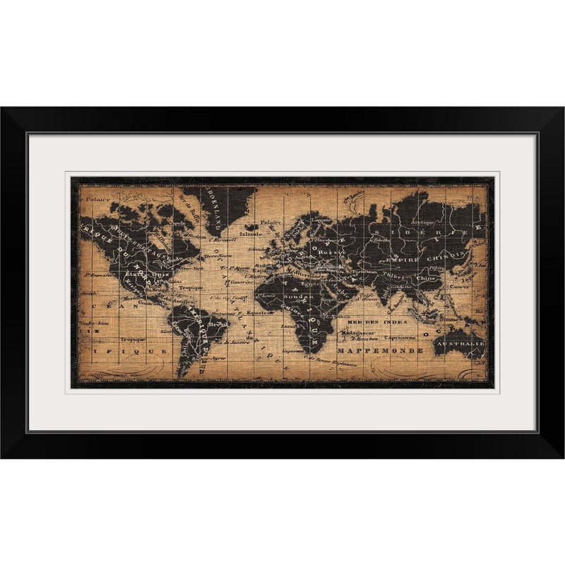 « Old World Map » par Pela Studio - impression d'art graphique, Cadre noir, H 20 po x l 32 po x P 1 po