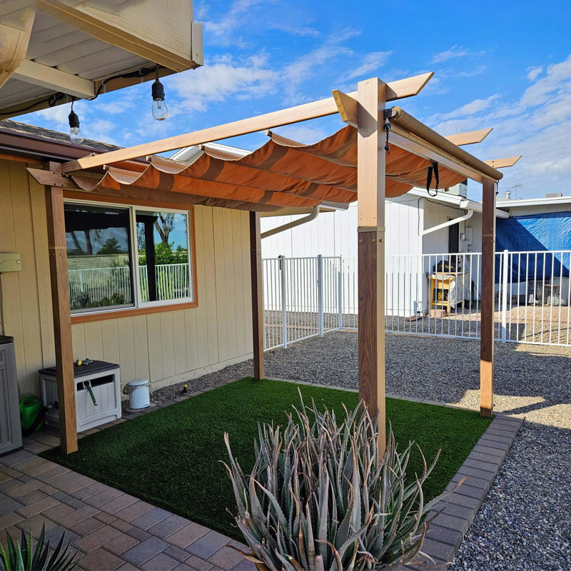 PURPLE LEAF 10' x 10' Outdoor Retractable Pergola with Sun Shade Canopy Patio Metal Shelter for Garden Porch Beach Pavilion Natural Wood Grain Frame Gazebo Modern Yard Grill Pergola Khaki
