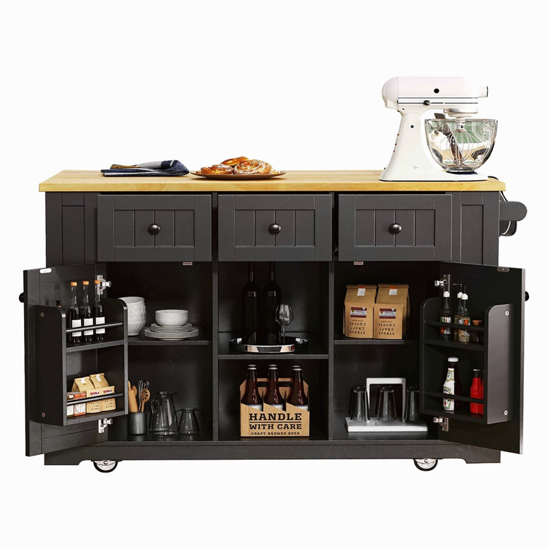 53Inch Large Kitchen Island With Drop Leaf, Power Outlet, Door Internal Storage Rack, Rolling Kitchen Cart On 5 Wheels With 5 Open Side Racks For Kitchen, Dining Room(Not Include Bar Stools)