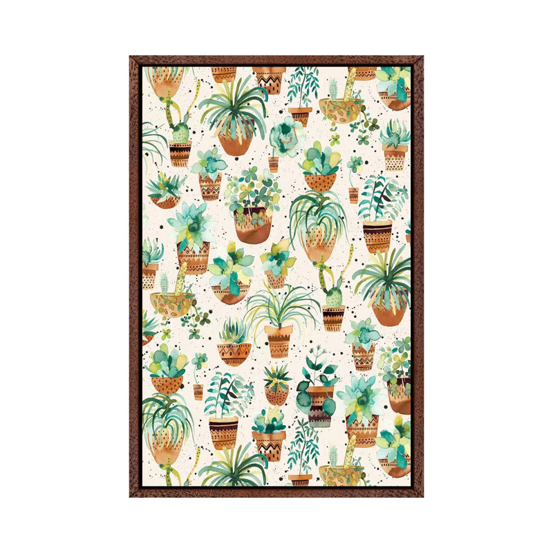 Home Succulent Plant Pots Cream - Painting on Canvas, 101.6cm H x 66.04cm W x 3.81cm D, Classic Brown Wood Framed