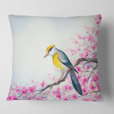 Housse de coussin et insert carré bel oiseau sur une branche en fleurs